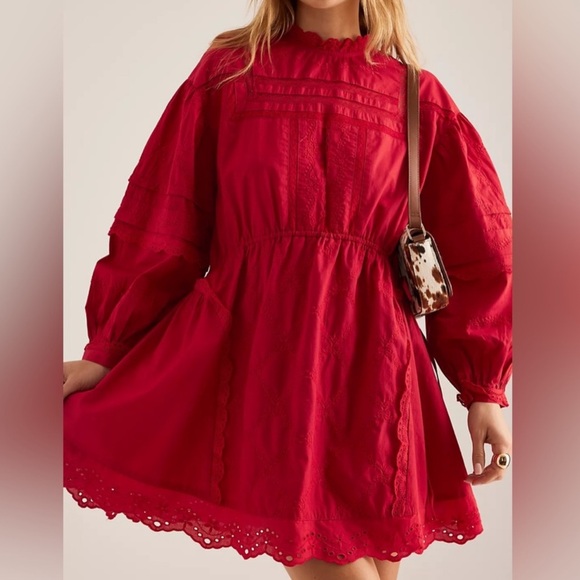 Damson Madder Dresses & Skirts - NWOT Damson Madder Clancy Embroidered Long-Sleeve Mini Dress in Red